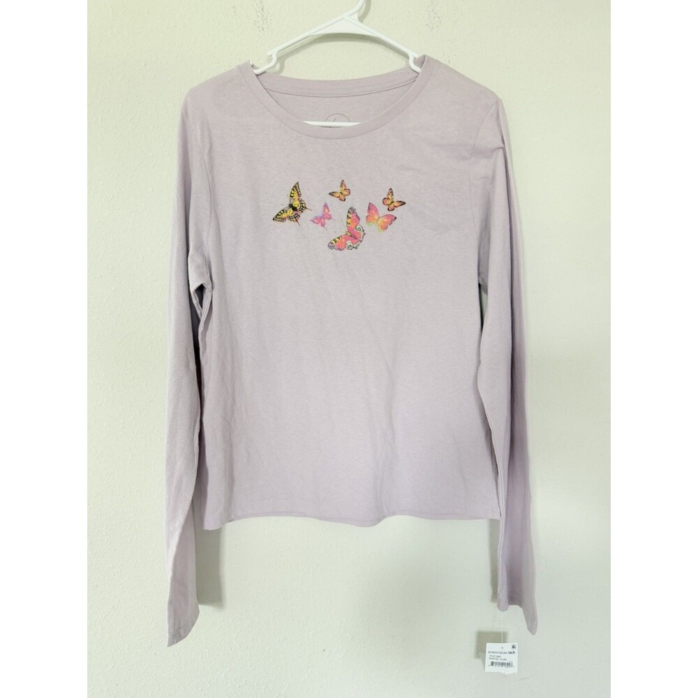 Y2K Hi Res Butterfly Print Long Sleeve Cotton t-shirt Xlarge Lilac Vintage